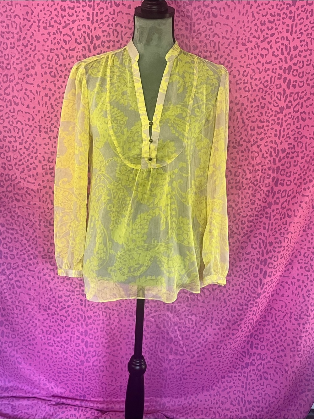 Banana Republic Sheer Yellow Paisley V-Neck Blouse